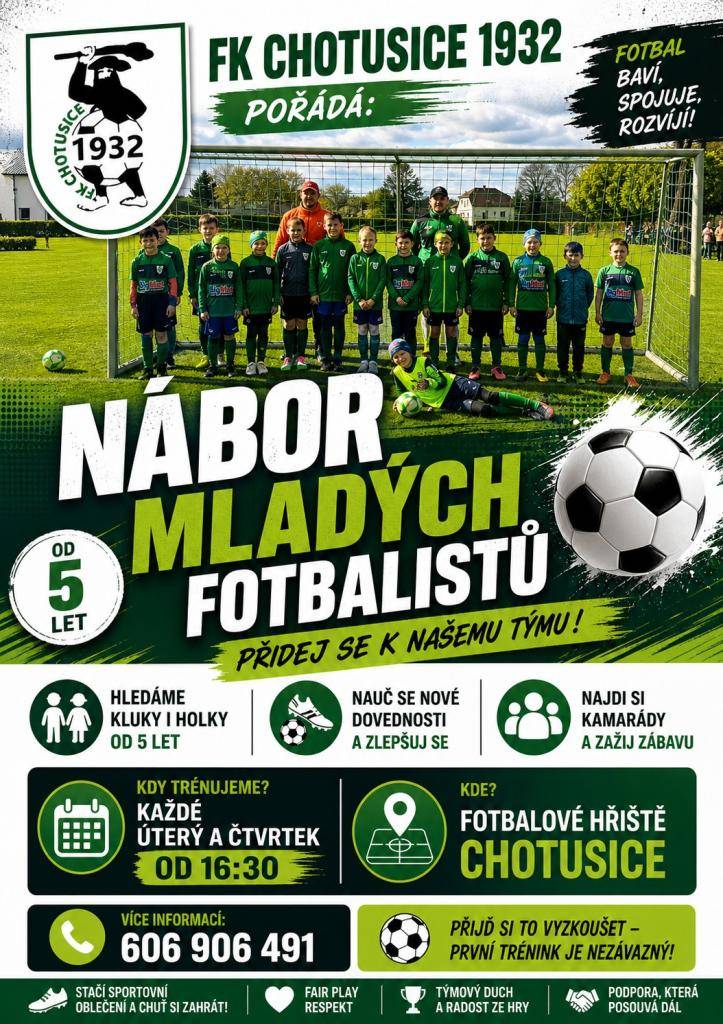 Nábor mladých fotbalistů CHOTUSICE.  FK Chotusice aktuálně hledá nové hráče a hráčky od 5 let do všech věkových kategorií (U9–U19).