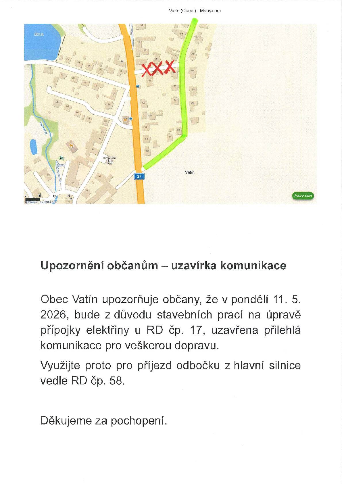 Upozornění občanům - uzavírka místní komunikace v pondělí 11.5.2026