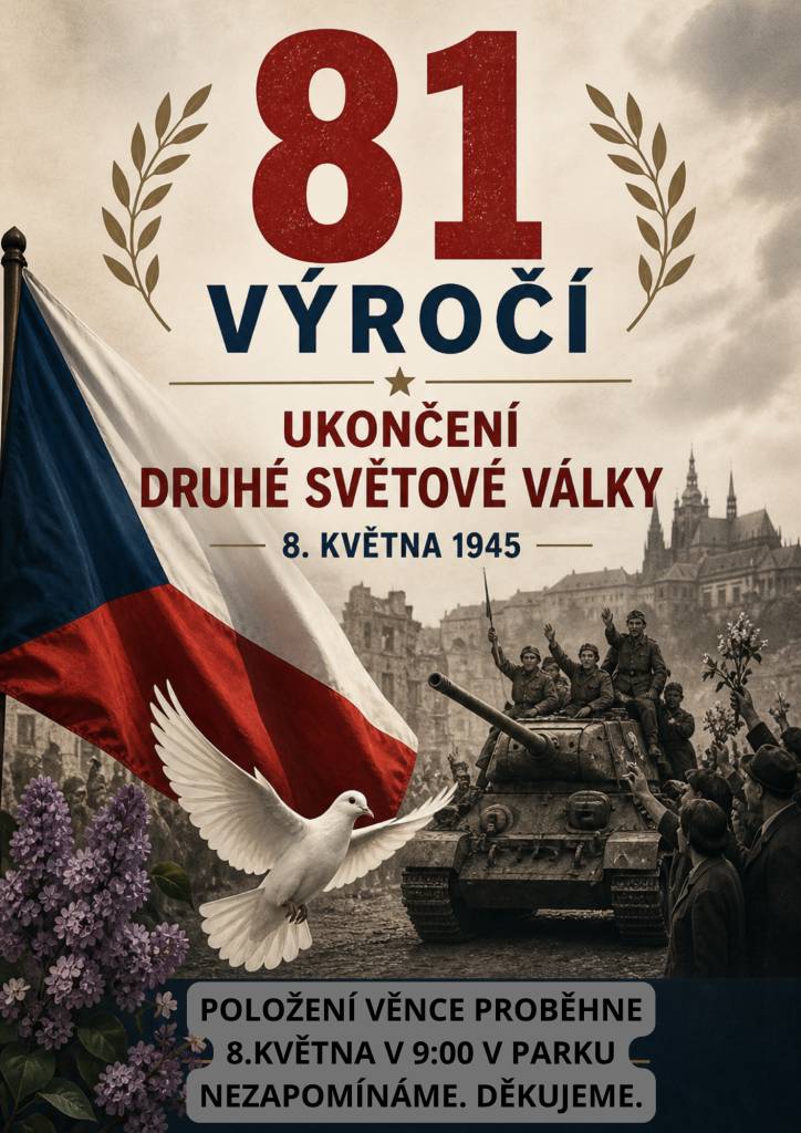 Položení věnce k 81. výročí ukončení 2. světové války proběhne v pátek 8. května 2026 v 9:00 v parku. Jste srdečně zváni.