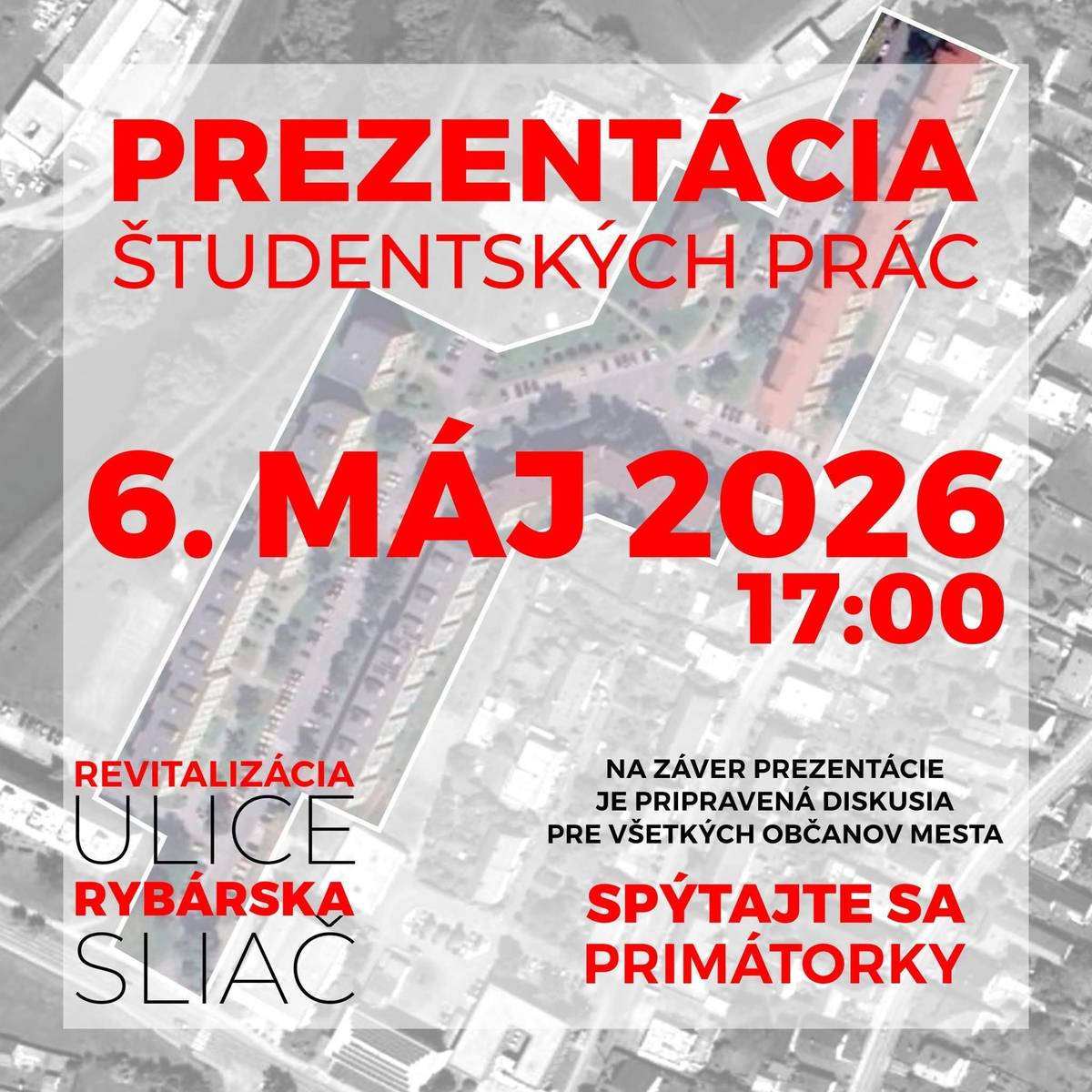 Ako vidia študenti STU Rybársku ulicu v meste Sliač? 👀 Príďte sa pozrieť na ich návrhy, vypočuť si ich pohľad a spýtať sa na všetko, čo vás zaujíma. 📍 Kde: DK Hron, Sliač 📅 Kedy: streda 6. mája 🕔 Čas: 17:00 🗣️ Na záver vás čaká otvorená diskusia s primátorkou mesta pre všetkých občanov.