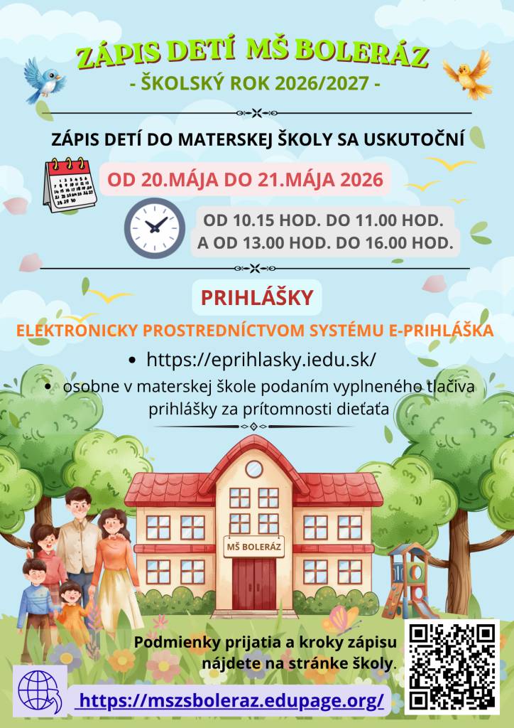 20. mája a 21. mája sa uskutoční zápis detí do materskej školy. Dieťa treba vopred zaregistrovať na stránke www.eprihlasky.iedu.sk