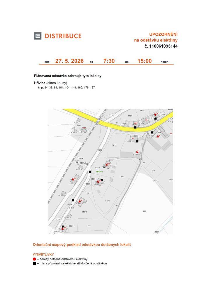 Dne 27. 5. 2026 od 7:30 do 15:00 hodin je plánovaná odstávka v obci Hřivice.