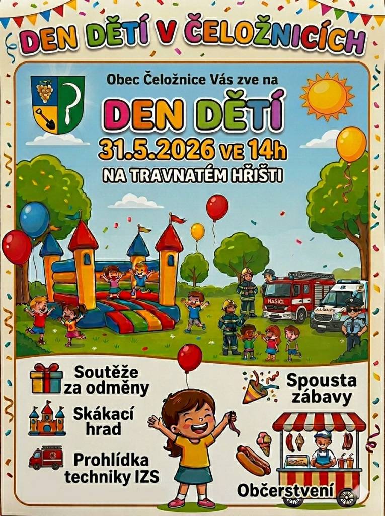 Pozvánka na den dětí, který proběhne v neděli 31. května na travnatém hřišti v Čeložnicích.