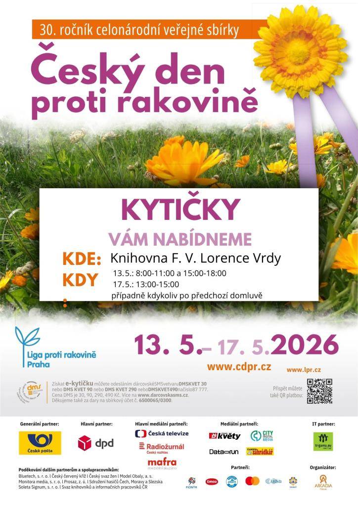Ve středu 13. 5. a v pátek 15. 5. vždy v otevírací době je možné v knihovně podpořit sbírku na boj proti rakovině zakoupením žluté kytičky.
