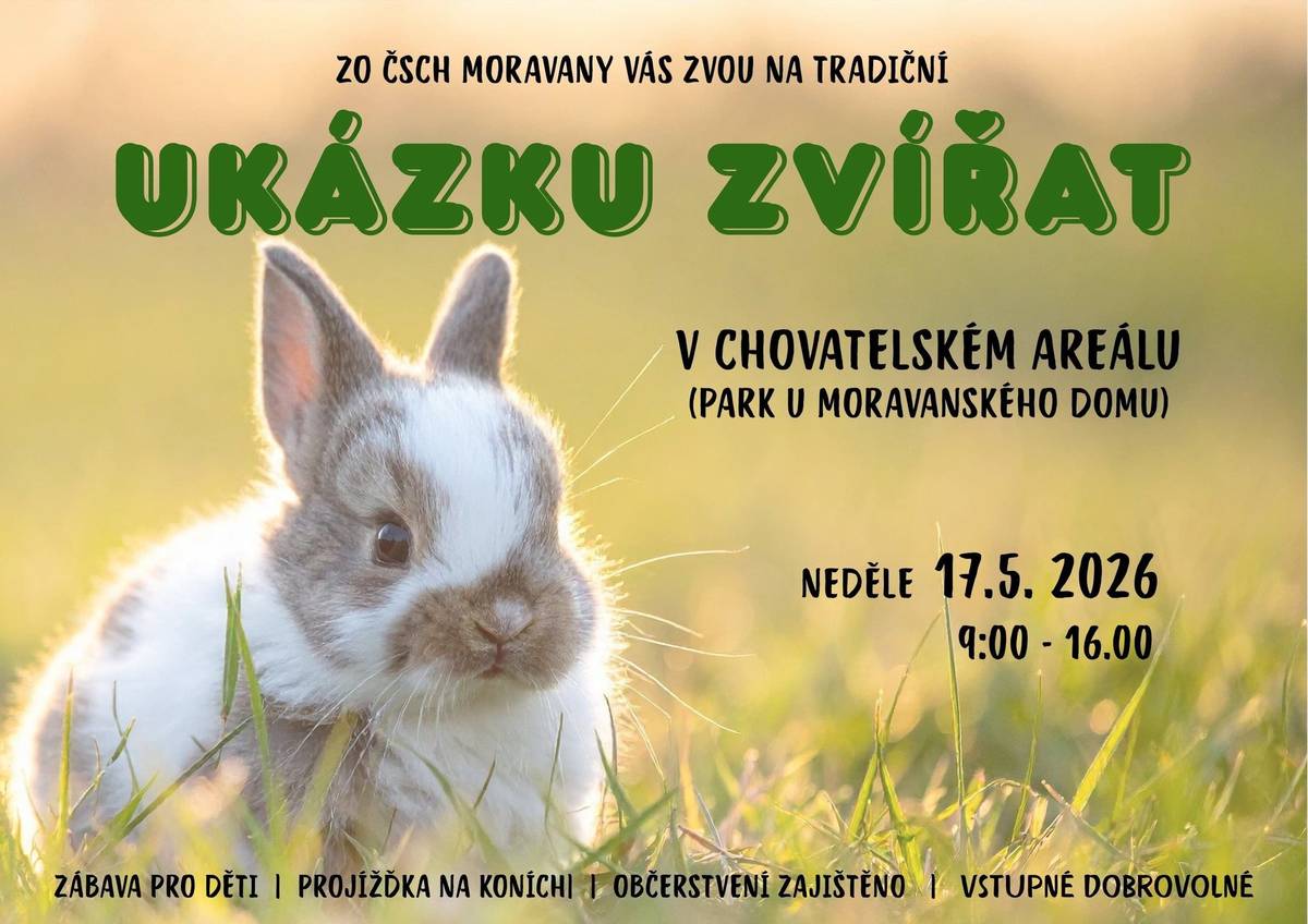 ZO ČSCH Moravany zve na ukázku zvířat dne 17.5.2026 od 9 - 16 hod. v parku u Moravanského domu.