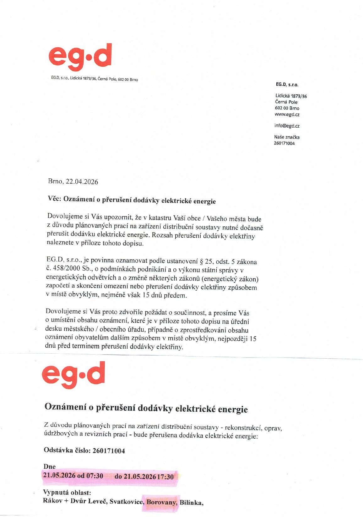 OZNÁMENÍ O PŘERUŠENÍ DODÁVKY ELEKTRICKÉ ENERGIE V OBCI BOROVANY 21.5.2026 OD 7:30 HOD DO 17:30 HOD