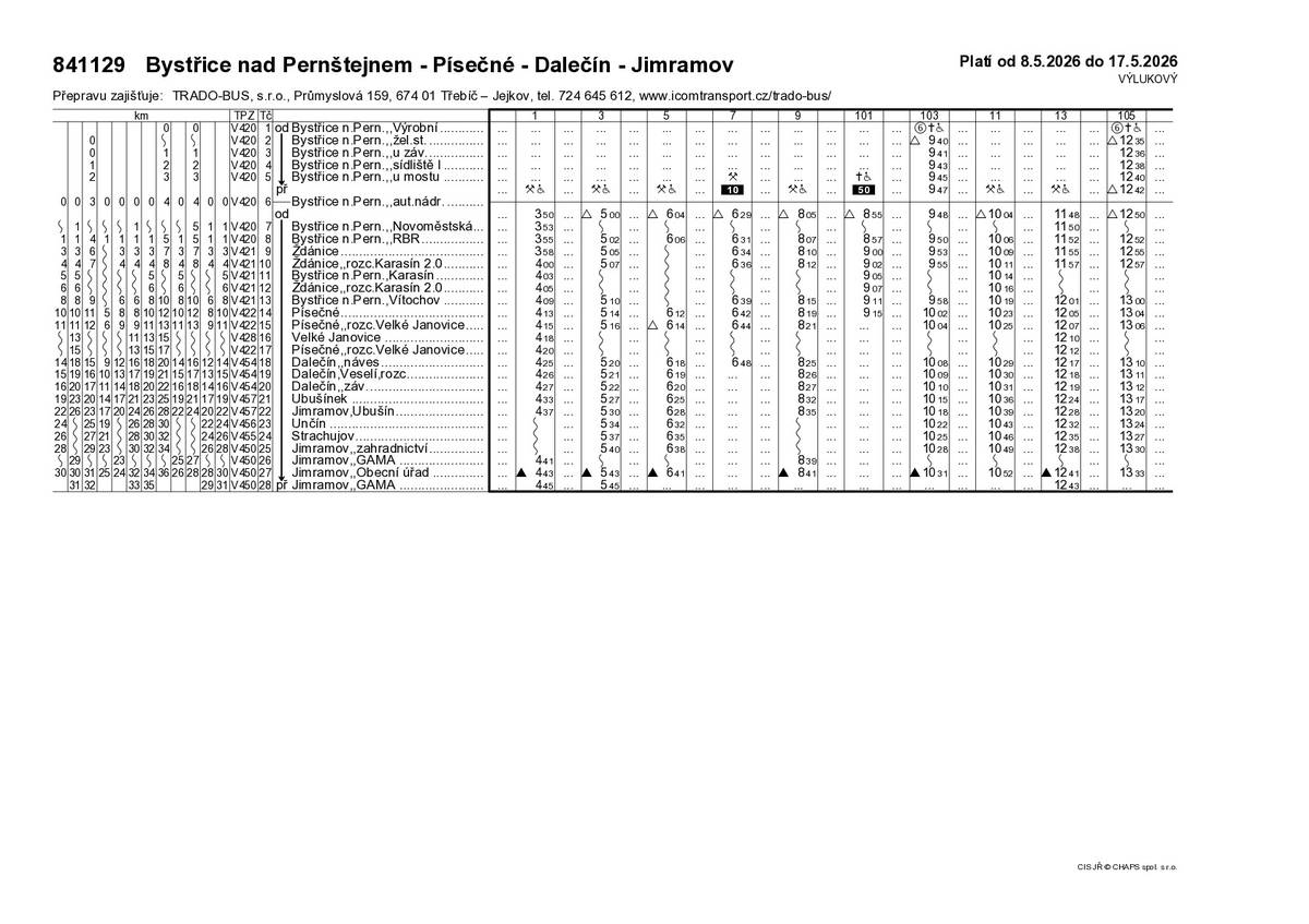 Upozorňujeme vás na novou změnu v autobusových jízdních řádech platnou od 8.5.-17.5.2026. Více na autobus.vývěsce nebo https://www.obeczdanice.cz Hezký de