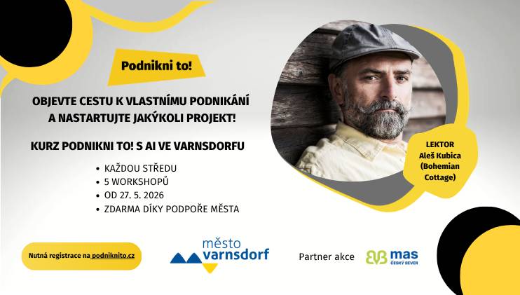 Máte podnikavého ducha a už delší dobu si pohráváte s myšlenkou vlastního projektu? Nebo už podnikáte, ale máte pocit, že tomu něco chybí? Ať jste na začátku, nebo v půli cesty, kurz Podnikni to! je tu přesně pro vás. Do Varnsdorfu se vrací opakovaně a díky podpoře města je zdarma!