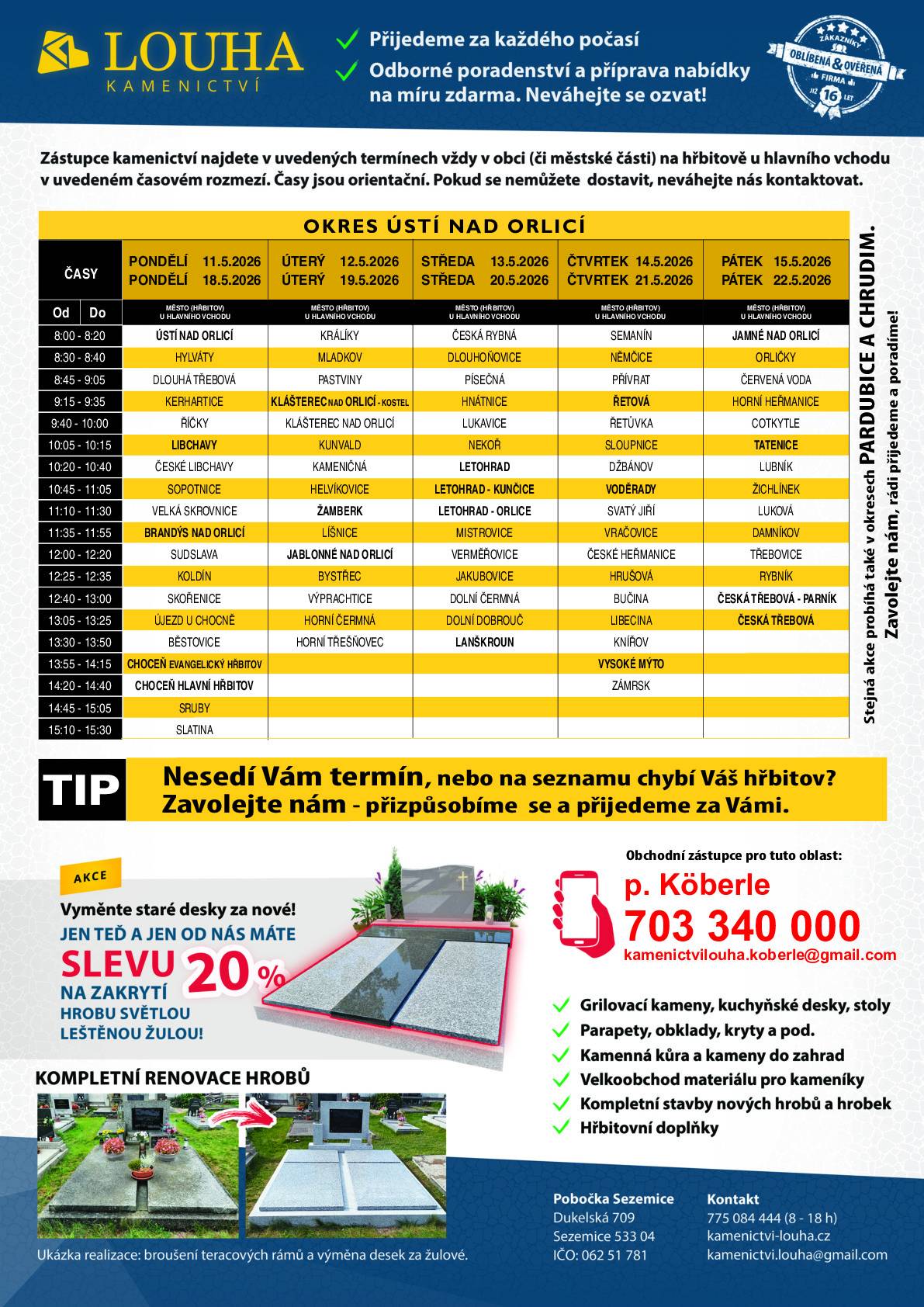 Ve čtvrtek 15. 5. 2026 bude zástupce kamenictví k dispozici na hřbitově v Červené Vodě v čase 8:45–9:05 hodin. ✅ odborné poradenství ✅ návrhy a kalkulace zdarma ✅ renovace hrobů ✅ nové hrobové desky a doplňky Pokud vám termín nevyhovuje nebo potřebujete individuální konzultaci, můžete kontaktovat obchodního zástupce: 📞 703 340 000 Více informací naleznete v přiloženém letáku.