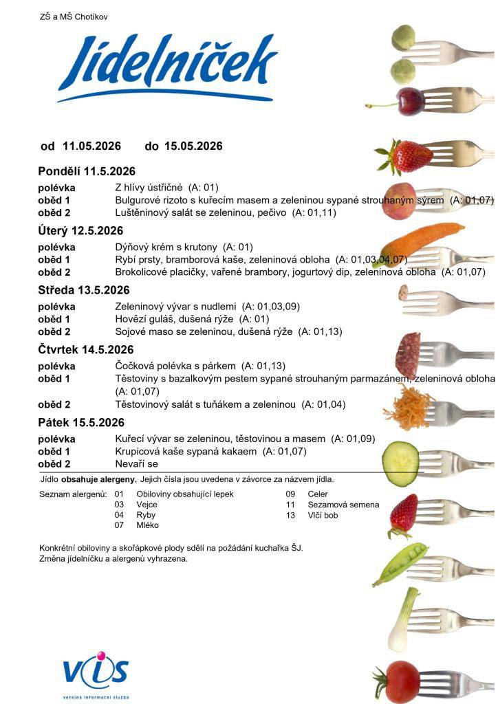 Jídelní lístek ZŠ a MŠ Chotíkov na týden 11. 05. 2026 - 15. 05. 2026.