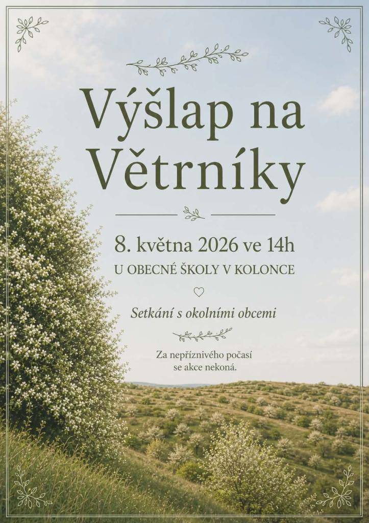 Na 8. května 2026 je naplánován výšlap na Větrníky, který zahájíme ve 14 hodin u Obecné školy v Kolonce. Akce se koná za účelem setkání s obyvateli okolních obcí a prozkoumání přírodních krás v okolí. V případě nepříznivého počasí se však akce nekoná.