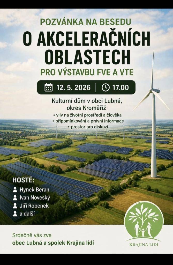 Udělejte si čas a přijďte si udělat názor, zjistit jak můžete svým obcím pomoct v boji proti akceleračním oblastem atd. Zvaná je široká veřejnost, především z okolních obcí, na jejichž katastrech se navržené akcelerační oblasti rozkládají.