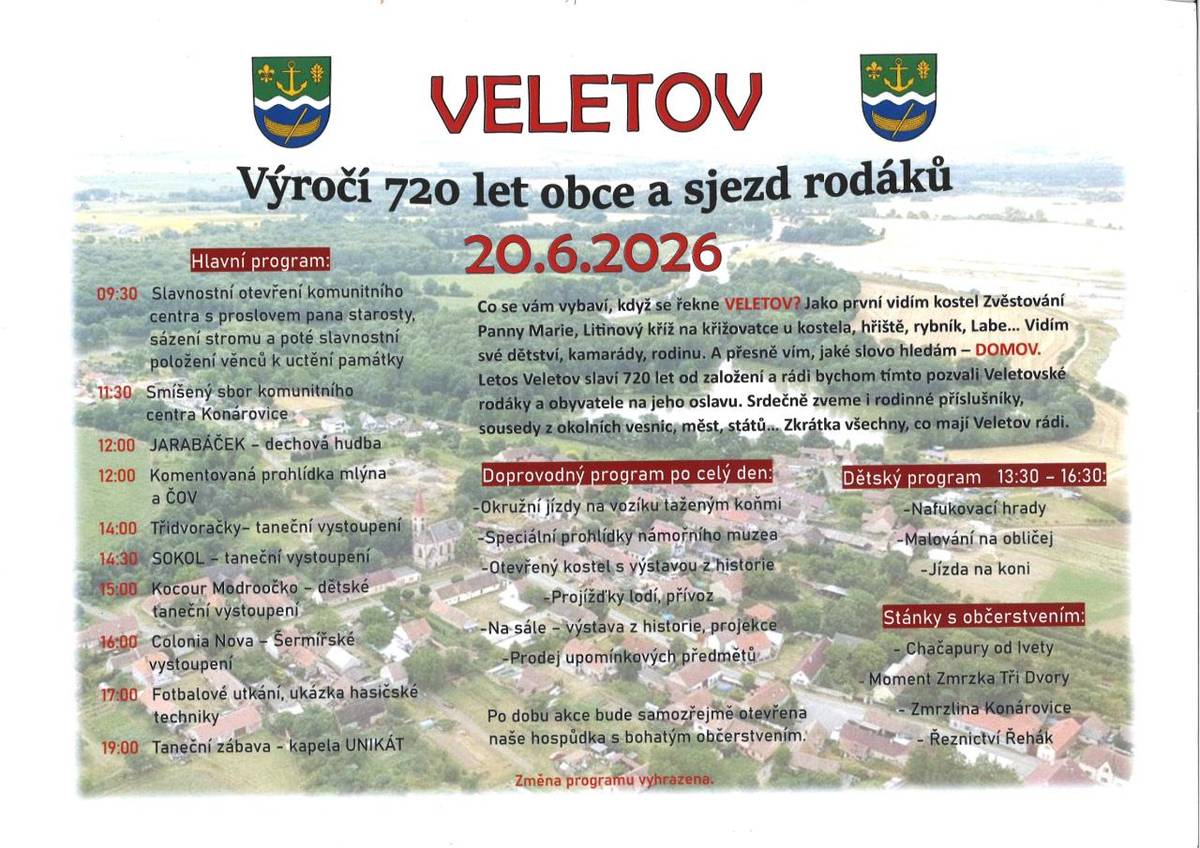 Srdečně Vás zveme na Výročí 720 let obce VELETOV a sjezd rodáků obce 20.6.2026.