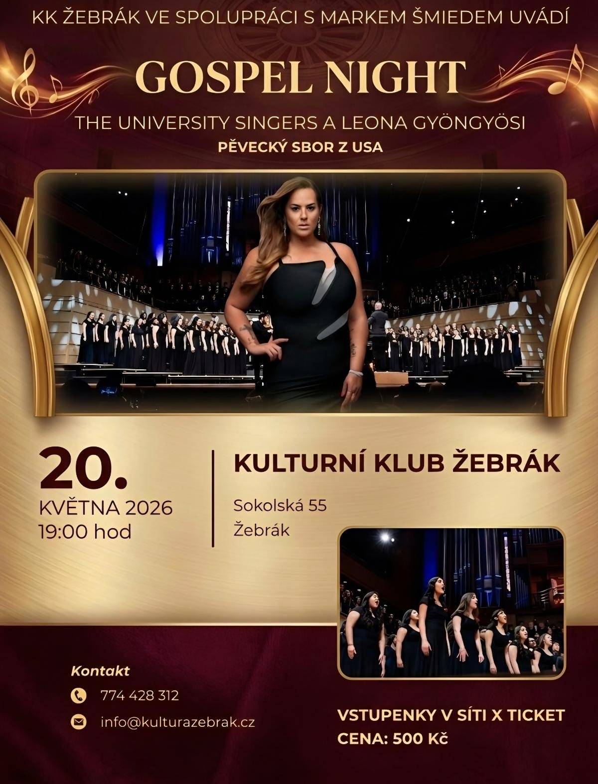 Zveme vás 20. května na úžasné vystoupení pěveckého sboru z Texasu - The University Singers, kteří budou vystupovat v Polsku na soutěži a potom v Betlémské kapli v Praze. Máte jedinečnou možnost zažít více než 40. členný pěvecký sbor, který svým vystoupením rozdává energii a lásku prostřednictvím rozmanitého repertoáru od gospelu až po moderní sborové aranže. Jejich vystoupení jsou plná radosti, emocí a silných momentů. Koncert začíná v 19. hodin na velkém sále KK. Vstupenky je možné zakoupit v síti xticket nebo na tel. 774428312.