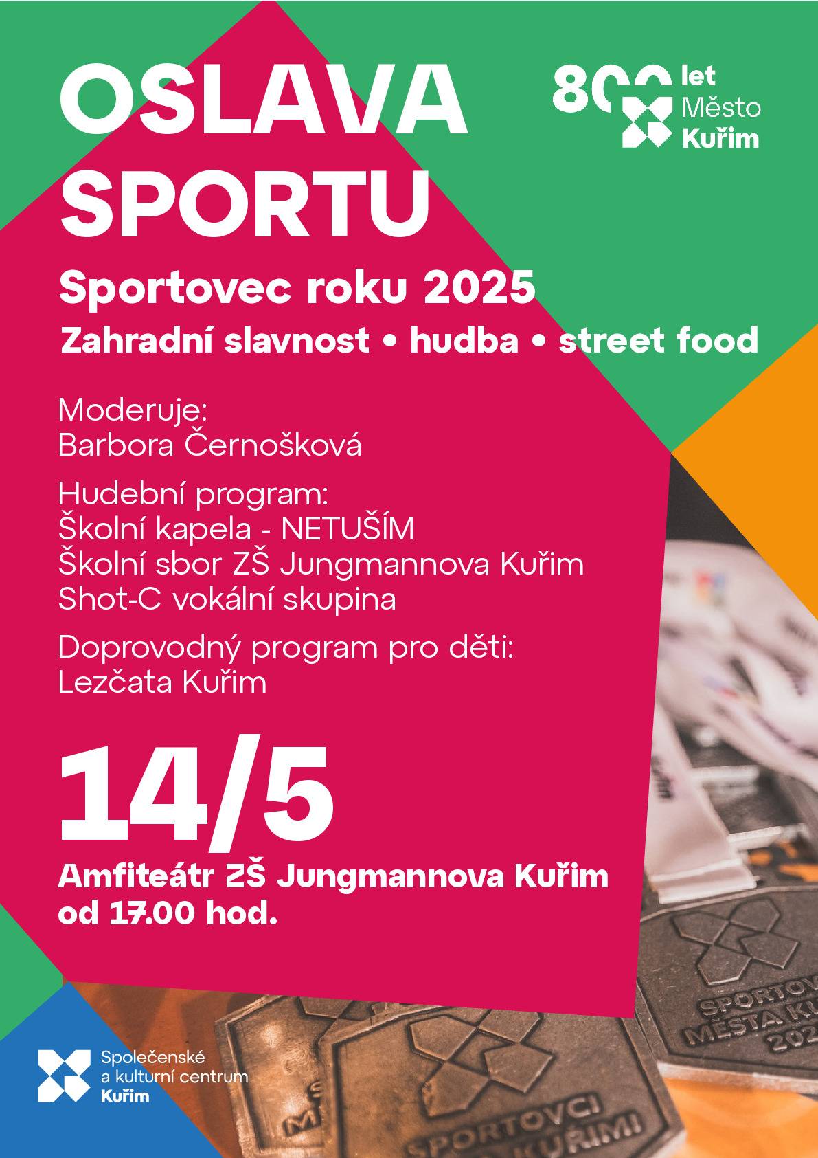 Přijďte s námi oslavit sport a společně strávit příjemný čas. Součástí programu bude i slavnostní vyhlášení Sportovce roku 2025 a zároveň půjde o jednu z hlavních akcí Týdne pro rodinu – Rozhýbej svou rodinu. Čeká vás pohodová atmosféra, prostor pro setkání sportovců, trenérů i veřejnosti a také program pro malé i velké:  Ať už přijdete fandit, pobavit se nebo jen strávit čas s rodinou a přáteli, budete vítáni.     Amfiteátr ZŠ Jungmannova, Kuřim  14. 5. 2026  17:00   Těšíme se na vás!