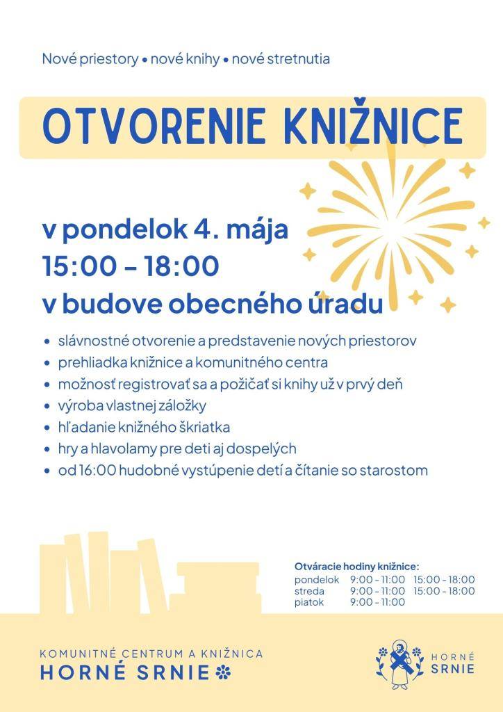 Pozvánka  na slávnostné otvorenie novej knižnice - 4. mája 2026 od 15.00 hod.
