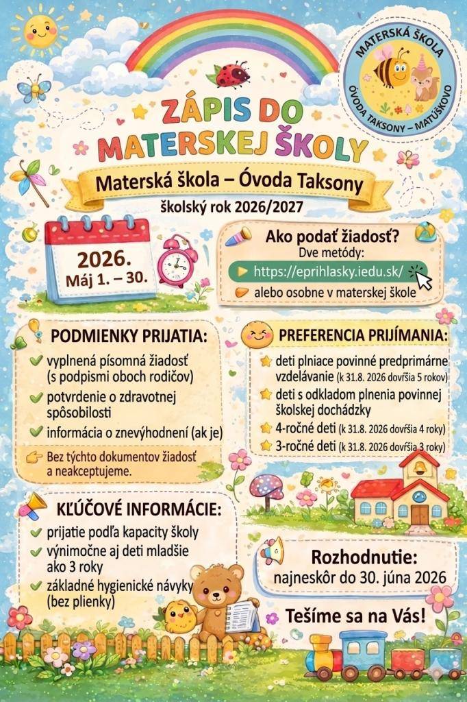 ZÁPIS DETÍ DO MATERSKEJ ŠKOLY NA ŠKOLSKÝ ROK 2026/2027 - GYERMEKEK BEÍRATÁSA AZ ÓVODÁBA A 2026/2027-ES TANÉVRE