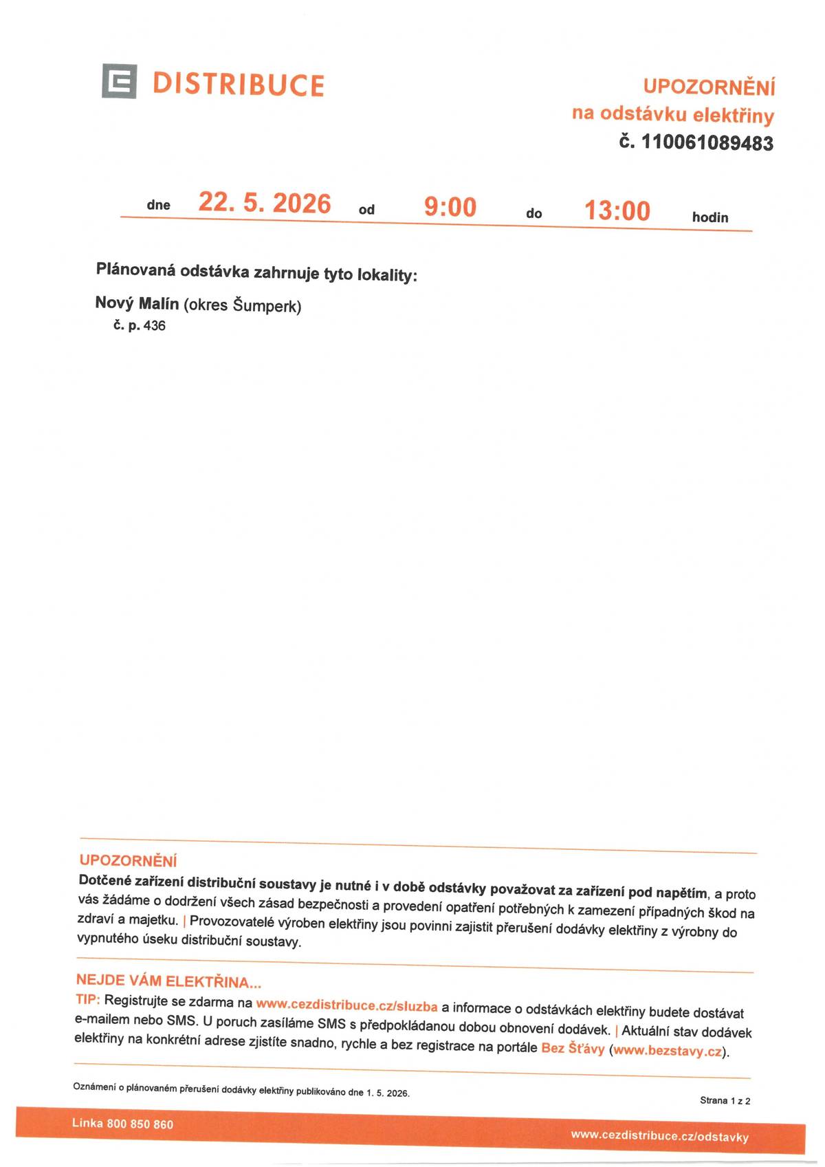 Upozornění na odstávku elektřiny dne 22.5.2026 od 9:00 do 13:00 hod.