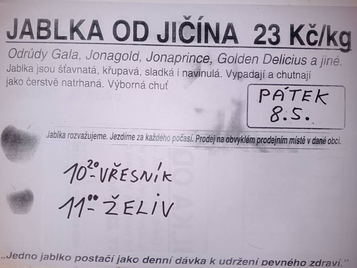 V pátek 8. 5. bude probíhat prodej jablek od Jičína. Vřesník - 10:20 hod. Želiv - 11:00 hod.