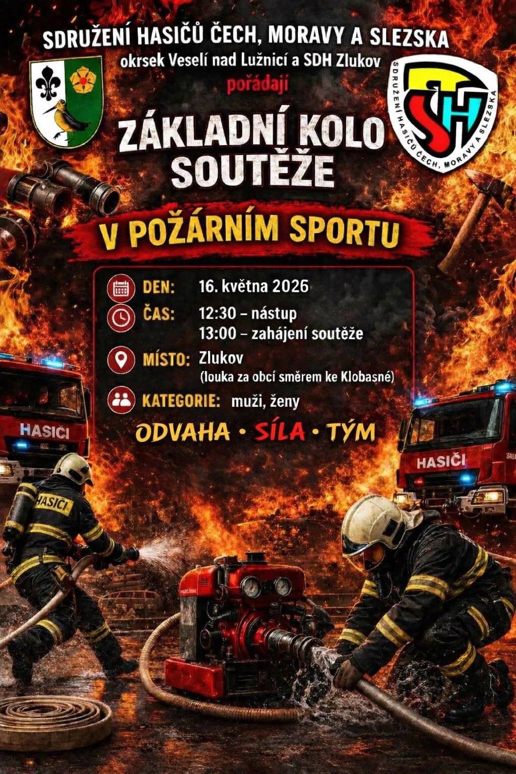 Vážení občané, srdečně vás zveme na okrskovou hasičskou soutěž, která se koná u příležitosti 120. výročí založení Sboru dobrovolných hasičů ve Zlukově v sobotu 16. května.  Přijďte podpořit soutěžní týmy, užít si příjemnou atmosféru a strávit hezký den s rodinou i přáteli. Připraveno bude také dobré občerstvení a pro naše nejmenší návštěvníky budou k dispozici dva skákací hrady. Ve večerních hodinách jste všichni srdečně zváni do místní hospody na tradiční pouťovou zábavu. V neděli se můžete těšit na pouť, která dorazí před hospodu. Soutěž se koná na louce za Koubovými, směr Klobasná.  Těšíme se na vaši účast! Sbor dobrovolných hasičů Zlukov