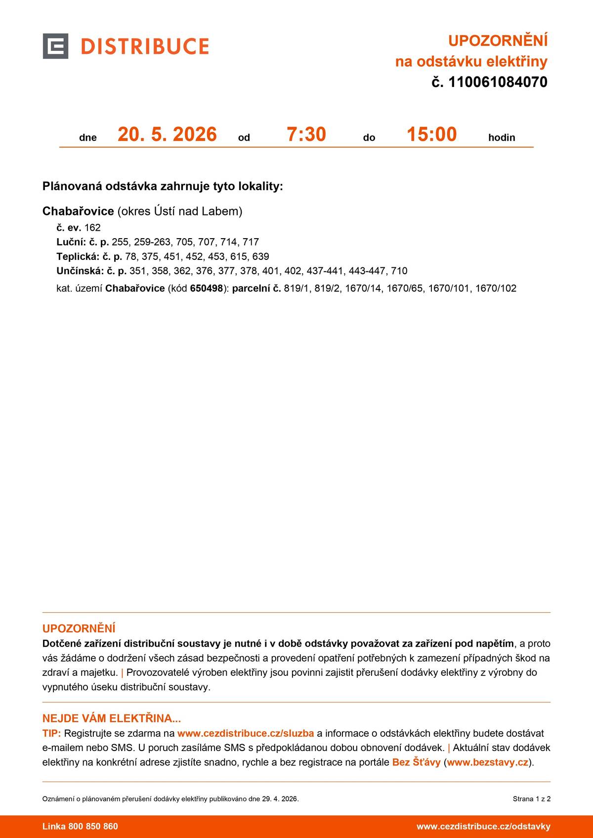 Upozorňujeme na plánovanou odstávku elektřiny dne 20. 5. 2026.