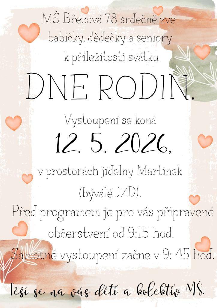 Pozvánka MŠ Březová na vystoupení dětí u příležitosti Dne rodi