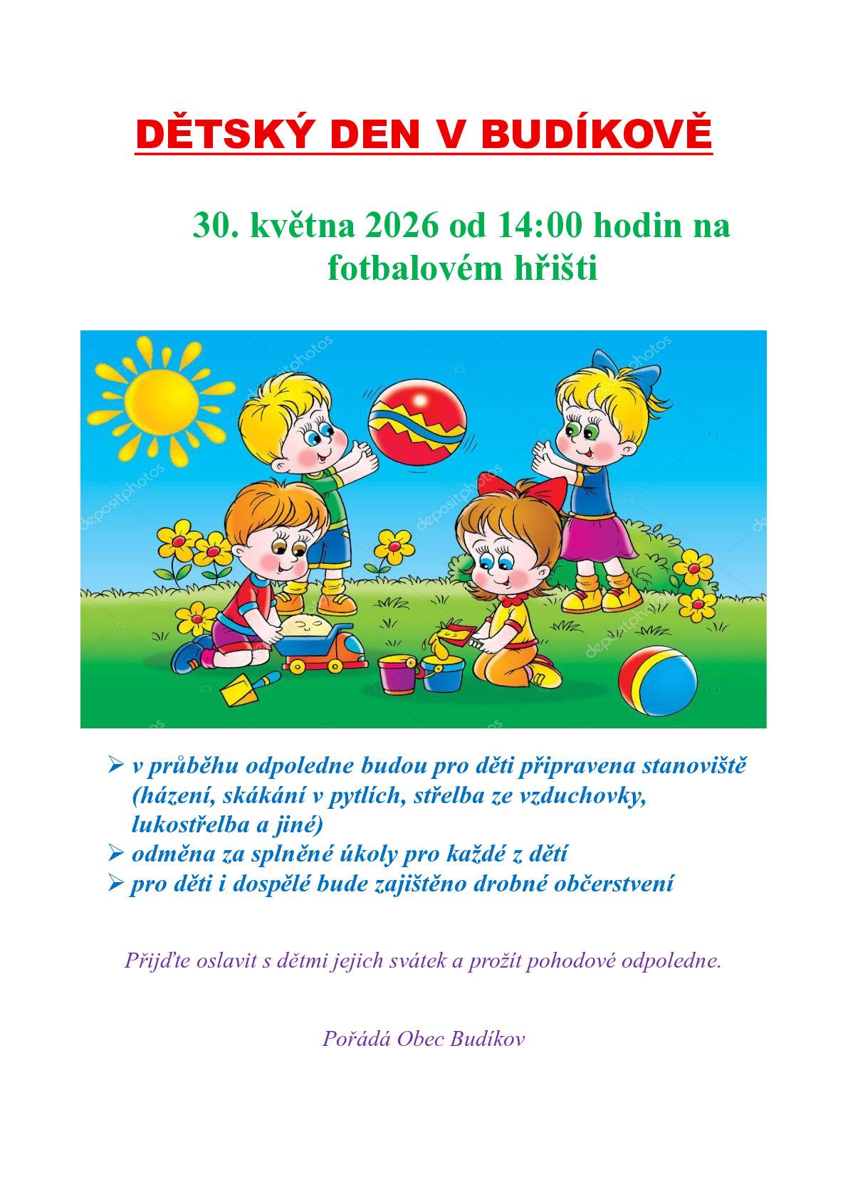 Pozvánka na Dětský den v Budíkově 30. května 2026 od 14:00 hodin na fotbalovém hřišti.