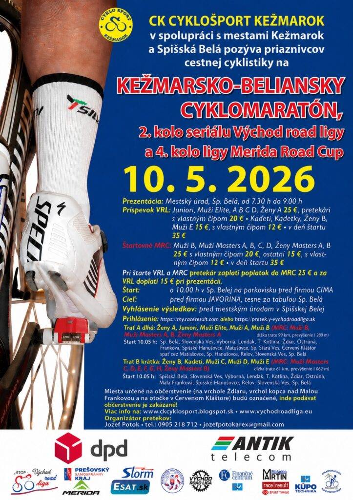 **Kežmarsko-beliansky cyklomaratón 2026** Milovníci cestnej cyklistiky, pripravte sa na poriadnu dávku športu, kopcov a krásnych trás pod Tatrami. **10. 5. 2026** **Štart:** Spišská Belá **Cieľ:** pred firmou JAVORINA, za tabuľou...