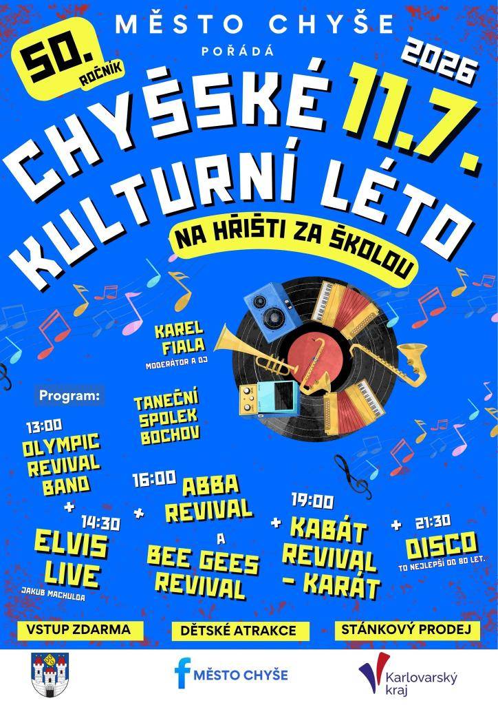 Léto, hudba a skvělá nálada v Chyši! ☀️???? Už 11. července se u nás na hřišti za školou koná jubilejní 50. ročník Chyšského kulturního léta. Program je nabitý od odpoledne až do noci – čekají nás hity od Olympicu, ABBY, Elvise i Kabátů! ????Vezměte rodinu, sousedy a přijďte si užít fajn den. Pro děti j