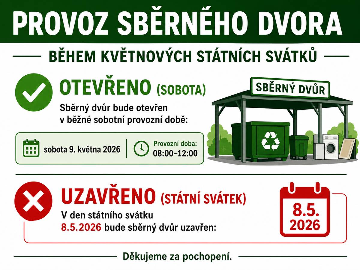 Připomínáme občanům, že sběrný dvůr bude otevřen v běžné sobotní provozní době:   sobota 9. května 2026 | Provozní doba: 08:00–12:00   a uzavřen 8. května 2026 (státní svátek). Děkujeme za pochopení.