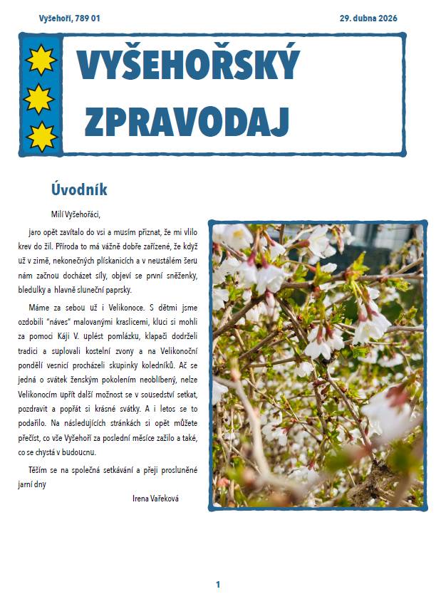 Aktuální vydání ze dne 29. 4. 2026 naleznete na Vyšehořský zpravodaj