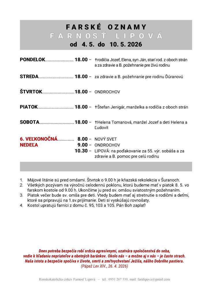 Poriadok bohoslužieb od 04.05. do 10.05.2026