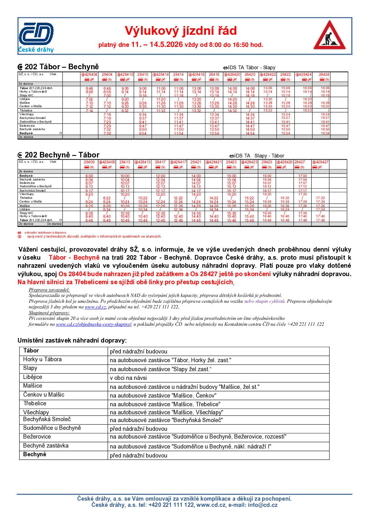 České dráhy informují, že ve dnech 11.5. - 14.5.2026 proběhnou denní výluky v úseku Tábor - Bechyně.