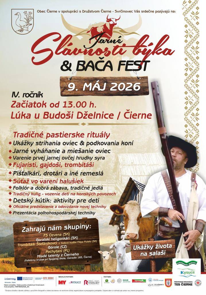 Vážení občania, srdečne Vás pozývame na Jarné slávnosti býka & Bačafest, ktoré sa uskutočnia dňa 9. 5. 2026 (Lúka u Budoši/Dželnice – Čierne). Začíname o 13:00.