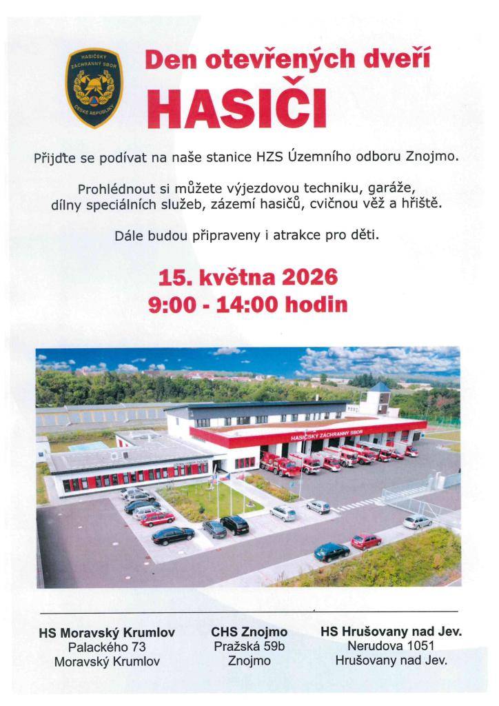 Den otevřených dveří HASIČI Znojmo 15. 5. 2026 od 9:00 do 14:00 hodi