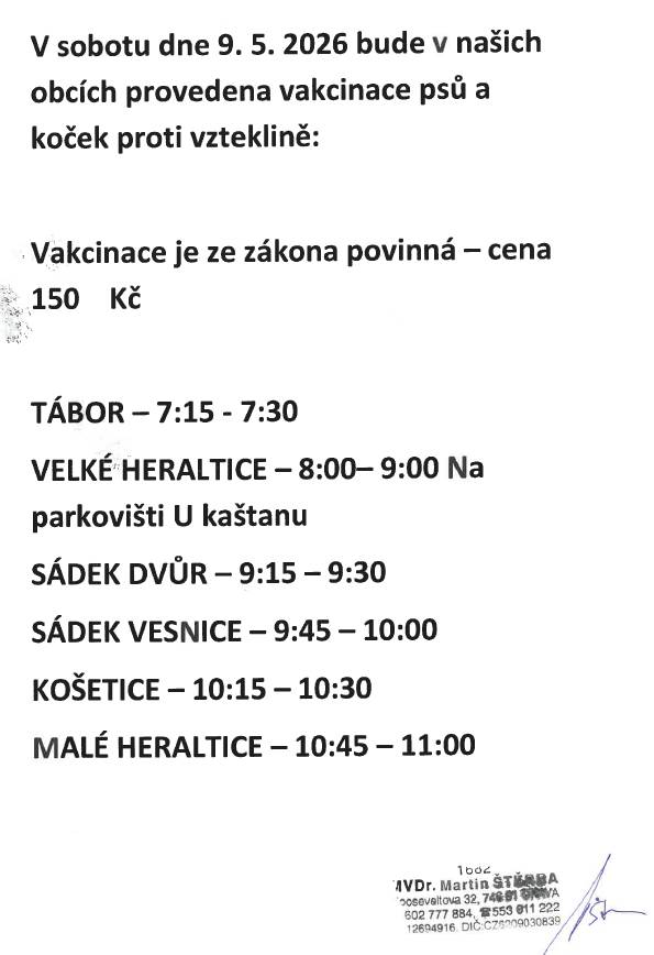 Vakcinace psů a koček proti vzteklině - 9.5.2026  MVDr. Martin Štěrba
