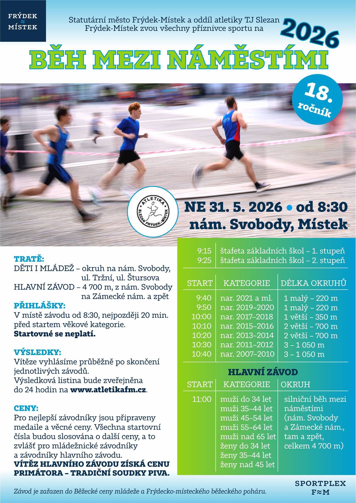 Ulice města znovu zaplaví běžci nejrůznějšího věku. Tradiční a oblíbená sportovní událost, kterou opět pořádá město Frýdek-Místek s atletickým oddílem TJ Slezan, se blíží. Letošní 18. ročník Běhu mezi náměstími se uskuteční poslední májový den – v neděli 31. května 2026. BĚH MEZI NÁMĚSTÍMI SE BLÍŽÍ: ULICE MĚSTA OVLÁDNE SPORTOVNÍ ATMOSFÉRA | Frýdek-Místek