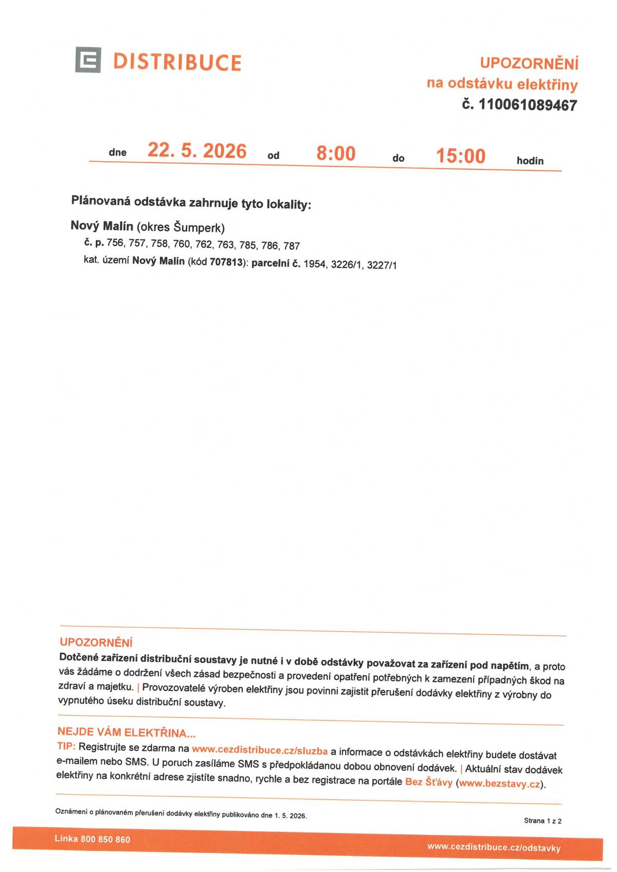Upozornění na odstávku elektřiny dne 22.5.2026 od 8:00 do 15:00 hod.