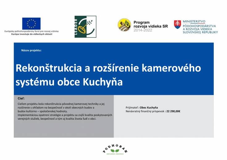 Obci Kuchyňa bola cez MAS Podhoran schválená finančná podpora od Pôdohospodárskej platobnej agentúry ako poskytovateľa príspevku z Európskeho poľnohospodárskeho fondu pre rozvoj vidieka na projekt:  Rekonštrukcia a rozšírenie kamerového systému obce Kuchyňa vo výške: 22 290 €.
