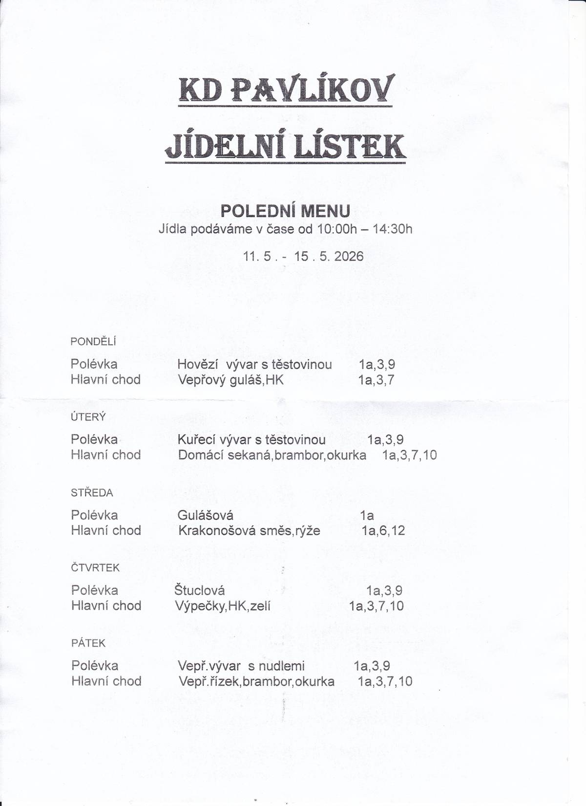 Jídelní lístek KD Pavlíkov od 11.5.do15.5.2026