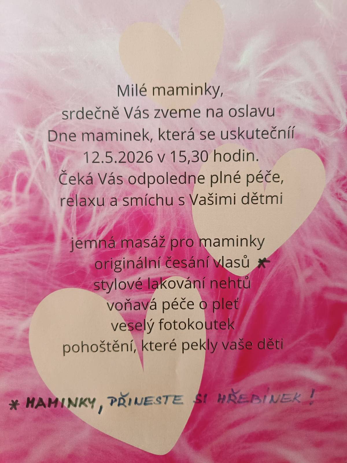 Mateřská škola Kněžice srdečně zve maminky (dětí, které navštěvují školku) na oslavu Dne maminek, která se uskuteční v úterý 12. května v 15:30 hod. Více informací naleznete v přiloženém dokumentu.