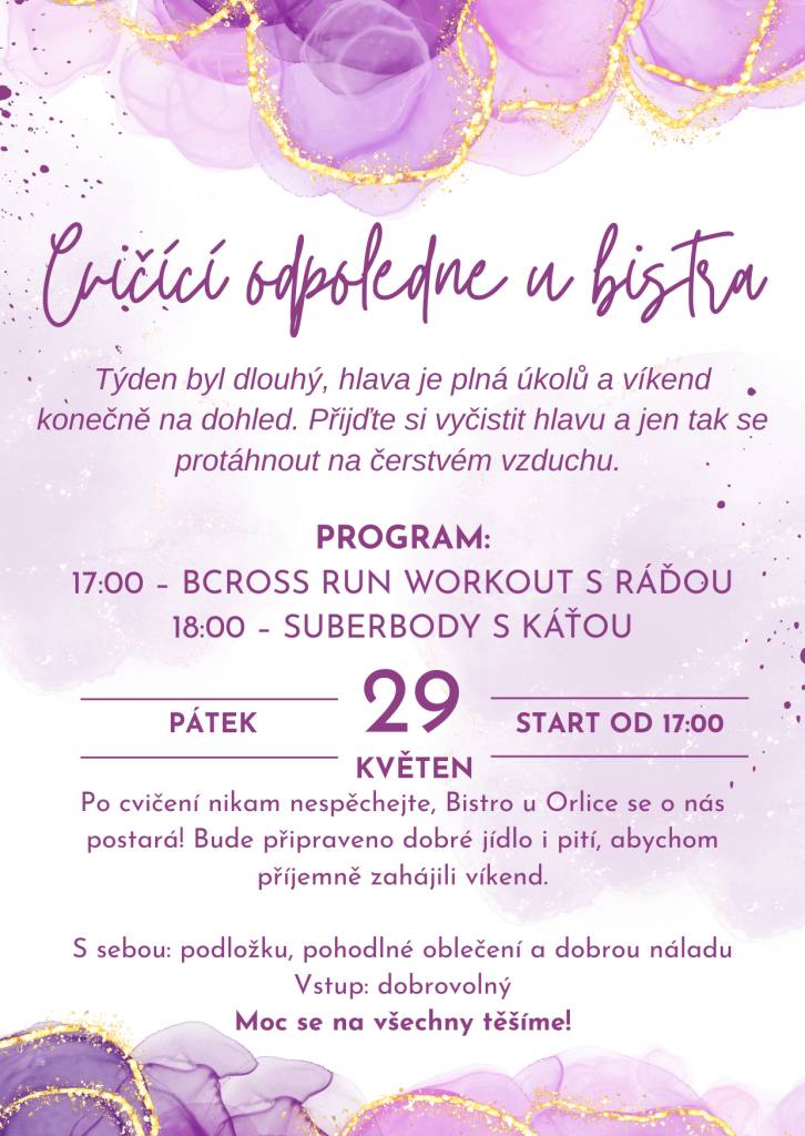 Srdečně vás zveme na cvičící odpoledne, které se bude konat u Bistra u Orlice. Přijít můžete na jednu nebo na obě dvě lekce. Více informací na přiloženém plakátu. Těšíme se na všechny!