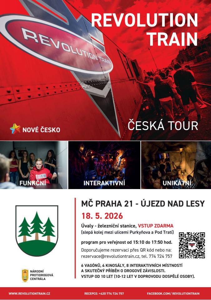 V pondělí 18. května 2026 zamíří na železniční stanici Úvaly unikátní projekt. Projekt Revolution Train interaktivní formou přibližuje skutečný příběh drogové závislosti. Speciálně upravená vlaková souprava nabídne návštěvníkům silný multimediální zážitek zaměřený na prevenci a odpovědné rozhodování. Dopolední program je určen především žákům 8. a 9. tříd Masarykovy základní školy. Od 15:10 hodin se vlak otevře i široké veřejnosti, která má jedinečnou možnost projekt zdarma navštívit. Podmínkou je předchozí rezervace konkrétního času. Souprava obsahuje 6 vagónů, 4 kinosály a 8 interaktivních místností. Přibližně stominutovým programem provází vyškolený lektor a díky propojení filmu a interaktivních prvků vtahuje diváky přímo do děje inspirovaného skutečnými událostmi. Cílem je upozornit na rizika návykových látek a podpořit otevřenou diskusi mezi mladými lidmi i dospělými. Na projekt ve vlaku navazuje i program ve škole s názvem „To je zákon, kámo!“, který vznikl ve spolupráci s Národní protidrogovou centrálou a posiluje právní povědomí dětí. Program je vhodný pro návštěvníky od 12 let, mladší děti (od 10 let) mohou vstoupit pouze v doprovodu dospělé osoby. Kapacita je omezená, doporučuje se včasná rezervace. Projekt je financován MČ Praha 21 a vhodně tak doplňuje dlouhodobé preventivní aktivity naší školy. Kdy a kde: 18. 5. 2026, železniční stanice Úvaly (slepá kolej mezi ulicemi Purkyňova a Pod Tratí) Pro veřejnost: od 15:10 hodin Vstup zdarma Rezervace nutná předem: https://revolutiontrain.rezervace.online/cs/terms