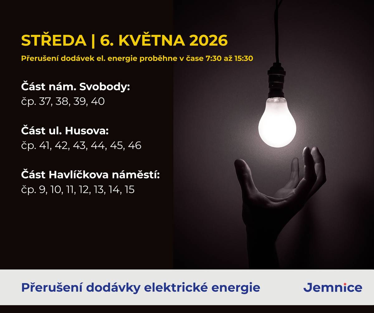 Upozorňujeme, že v tomto týdnu dojde k přerušení dodávek el. energie. Přerušení dodávek el. energie se dotkne částečně centra města (středa) a části ul. Lípová (čtvrtek).