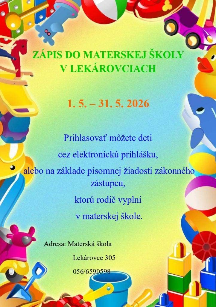 Prihlasovať môžete deti cez elektronickú prihlášku, alebo na základe písomnej žiadosti zákonného zástupcu, ktorú rodič vyplní v materskej škole.