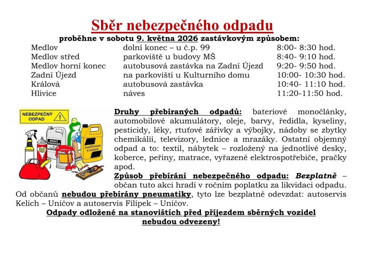 Sběr nebezpečného odpadu obce Medlov