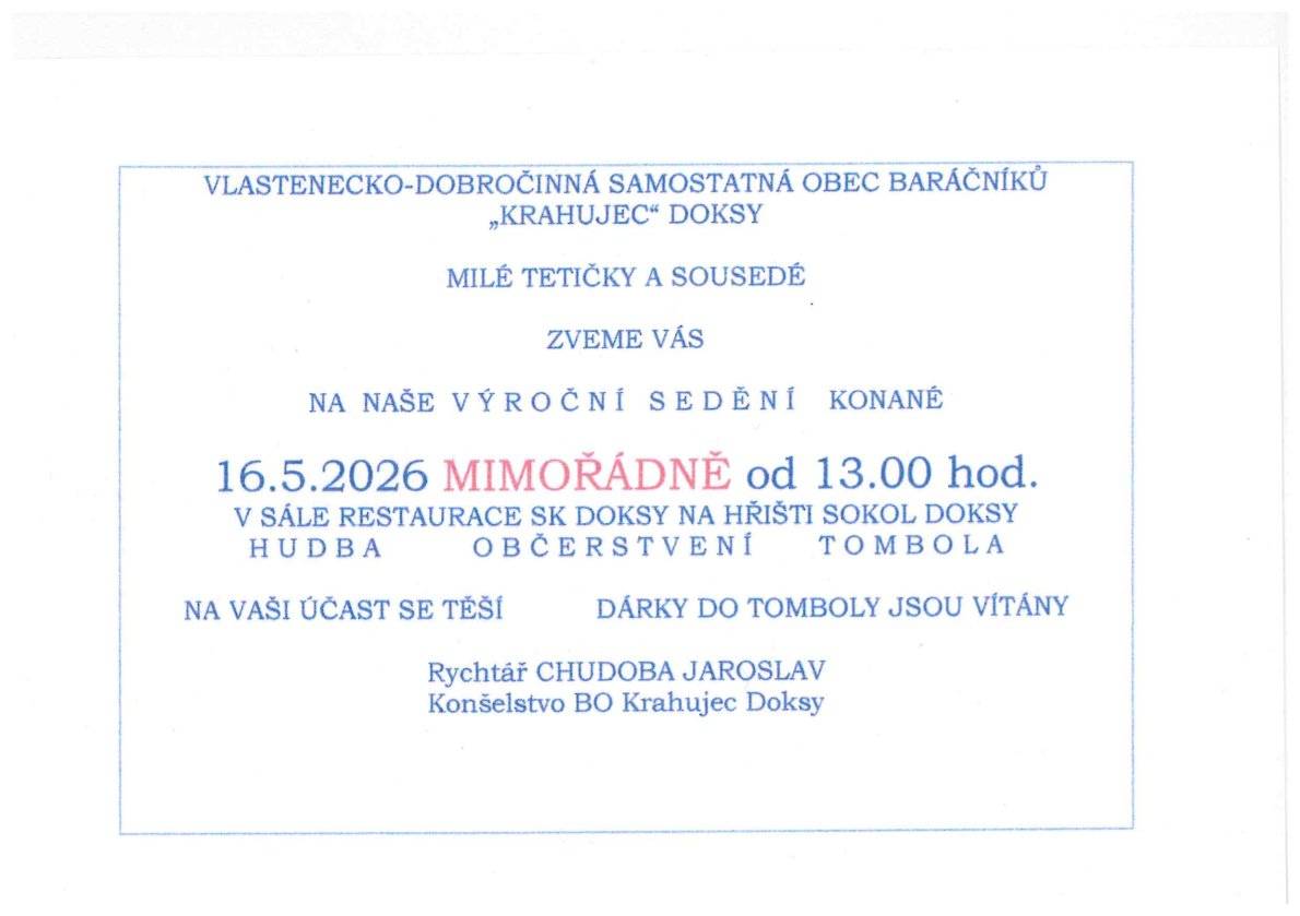 Výroční sedění konané 16.5.2026 od 13 hod. V sále restaurace SK Doksy na hřišti. Hudba, občerstvení a tombola.