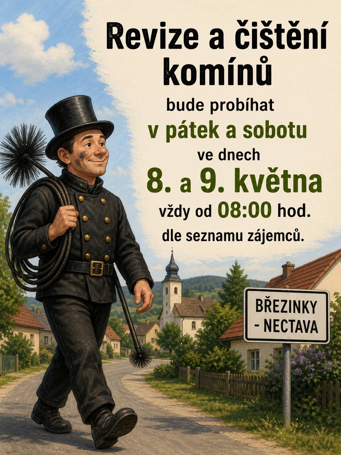 Informace pro občany: Revize a čištění komínů bude probíhat v obci Březinky - Nectava v pátek a sobotu ve dnech 8. a 9. května vždy od 08:00 hod. dle seznamu zájemců. Pokud by měl ještě někdo o tuto službu zájem, neváhejte mě hned kontaktovat na tel. č. 732712785 Hezký den Jiří Wolf starosta obce