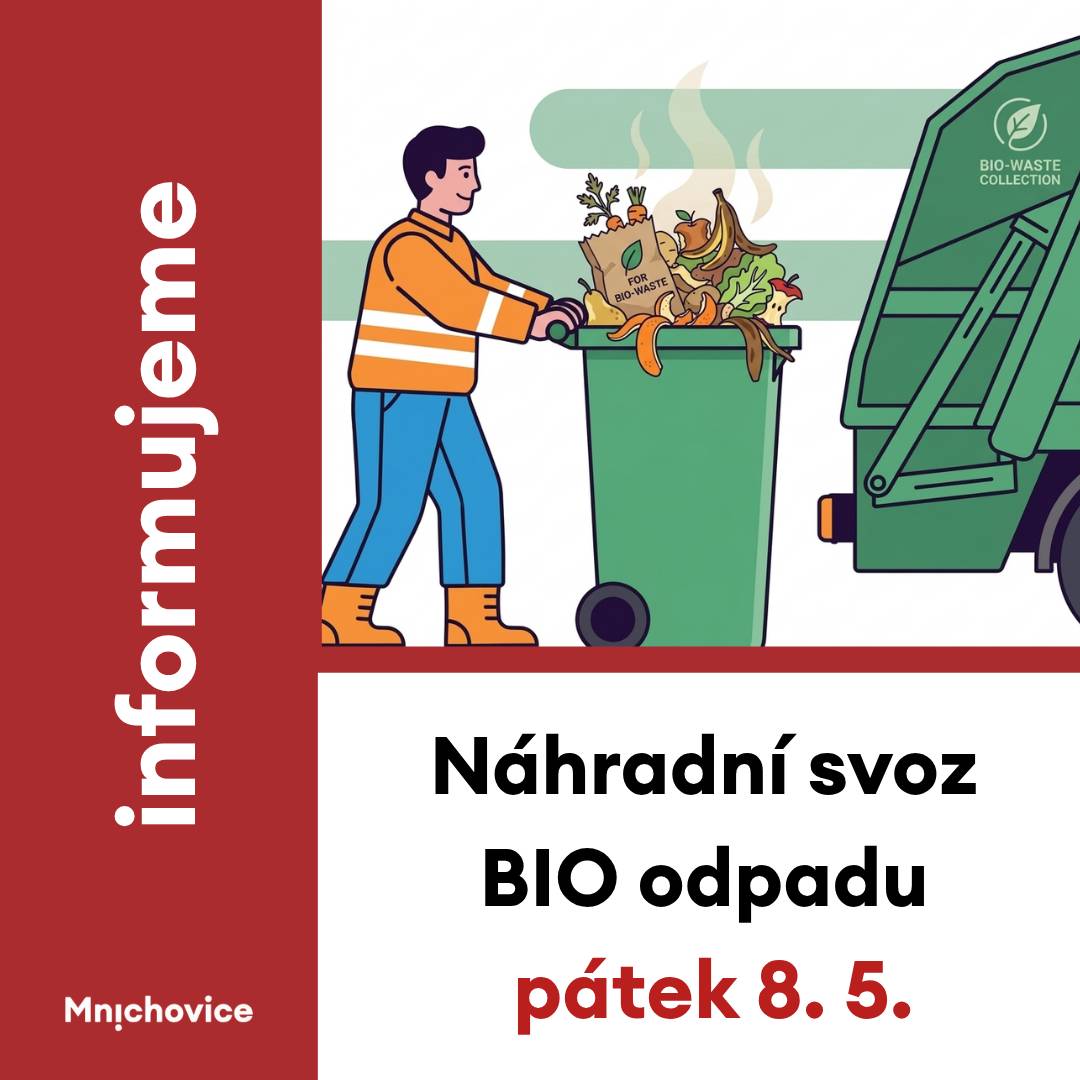 Vážení občané, 4. 5. 2026 nedošlo v ulici Na Závěrce a v části ulice Průběžná ke svozu bioodpadu. Náhradní svoz proběhne v pátek 8. 5. 2026. Nechte nádoby připravené k výsypu. Svoz může probíhat již v brzkých ranních hodinách. Za způsobené komplikace se omlouváme a děkujeme za pochopení.