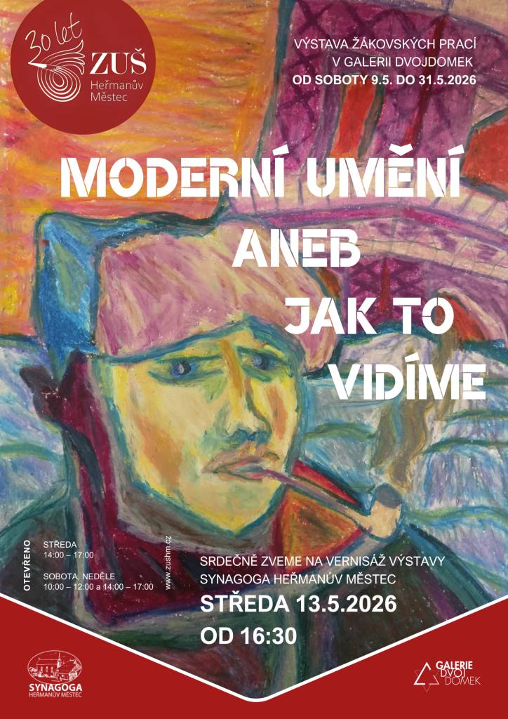 Základní umělecká škola Heřmanův Městec Vás zve na výstavu výtvarného oboru, která začne vernisáží ve středu 13.5.2026 od 16:30 v synagoze a Galerii Dvojdomek. V letošním školním roce bylo celoročním tématem moderní umění.
